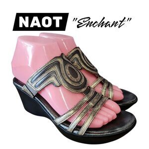 NAOT ENCHANT Sz 6/6.5 Metallic Gold Leather Small Wedge Slide On Boho Sandals